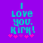 Pixelated cyan text on purple background reads "I love you, Kirk!" with pink stars below; animation changes star positions.