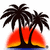 Two palm trees stand on a small island with a sunset background, featuring red and orange gradients over blue water.