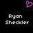 A black background displays a pink pixelated heart symbol above two identical white text blocks reading "Ryon Sheckler" in a retro digital font.
