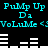 Pixelated cyan text and white bar graphs on black background, repeating 'Pump Up', 'Da', 'Volume <' with horizontal bars below each line.