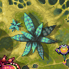 Pixel art scene with a large central blue-green star-shaped plant, smaller similar plants, and colorful pixelated creatures on a textured yellow-brown background.