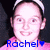 Pixelated close-up of a person with light skin wearing a white headband, pink clothing, and blue text reading "Rachel" with a heart symbol below.