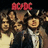 A split-screen image with a pixelated AC/DC band photo on the left and a red background with white text on the right.