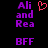 Pixelated purple text 'Ali and Rea' with red heart symbol above, 'BFF' below on black background.
