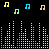 Animated contact sheet of four 49x49 pixel music visualizer frames with colorful audio bars and floating musical notes on black background.