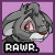Pixelated gray cartoon animal head with red eyes and mouth, purple background, "RAWR" text below in blocky white letters on black.