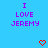 Blue background with purple text reading "I LOVE JEREMY" and two red pixelated hearts below the text.