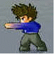 Pixelated character in blue jacket and gray pants performs sequential martial arts poses against solid gray background.