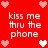 Red background with repeated white text 'kiss me thru the phone' and pink/white pixelated hearts arranged in a pattern