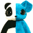 Pixelated buddy icon of a split panda-like character with black-and-white left side and solid blue right side, featuring large eyes and rounded ears on a white background.