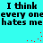 Cyan background with repeated black text "I think every one hates me" and scattered red pixel clusters.