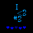 Blue pixelated text and symbols on black background with animated blue star-like shapes below.