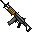 Pixelated machine gun with orange magazine and black barrel, gray bipod, firing yellow muzzle flash on gray background.