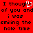 Red background with black pixelated text reading "I thought I thought of you andof you and i was i was smiling the smiling the hole time" and a white heart symbol replacing 'thought' in first line.
