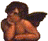 Two identical pixelated angel figures with dark wings and brown hair, seated in a contemplative pose against a gray background.