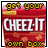 A contact sheet of five animated frames showing a red Cheez-It box with yellow and white text, displayed in a 3x2 grid layout on a gray background.