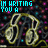 Pixelated cyan text reads 'I'M WRITING YOU A symphony of sound.' over two golden headphones on a dark, colorful pixel background.