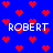 Blue background with red pixelated hearts and white text reading ROBERT in four positions, each with a heart replacing the O.