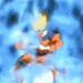 Animated sequence of a character with spiky blonde hair in orange martial arts attire against blue energy background, showing dynamic pose changes.