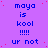Static pixel art displays repeated text on a purple background with red speckles, featuring blue and white text in a