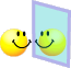 Yellow spherical emoji with black eyes and mouth, shown in three variations: smiling, tongue-out, and grinning, each reflected in a light blue frame.