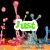 Animated icon with multiple text overlays and colorful background elements including pink, blue, and green shapes.