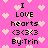 Pixelated pink background with light pink hearts and black text reading "I LOVE hearts <3<3<3 By:Trin" repeated twice in a
