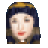 Pixelated portrait of a person with dark blue hair, light skin, closed eyes, and red lips, wearing a brown top against a gray background.