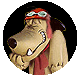 Animated cartoon dog with brown fur, red scarf, and aviator goggles in circular frame.