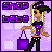 Pixel art contact sheet showing two frames of an animated AIM buddy icon featuring a blonde cartoon girl with purple accents holding a shopping bag against a light purple background.