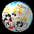 A spherical avatar with blue, white, and yellow color scheme rotates through multiple views showing abstract patterns and partial character faces.