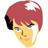 Pixelated character face with red hair, blue eyes, and a white streak on the right cheek against a gray background.