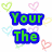 Pixelated text fragments arranged in a over a heart-patterned background with colored outlines