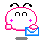 Pixelated character with pink outline, black antennae, and blue envelope holding a heart.