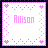 Pixelated pink and white icon with 'Allison' text, heart symbols at corners, and dotted border on dark background.