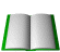 Animated sequence of an open book with green spine transitioning through page-turning states from fully open to closed.