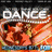Four distinct animated frames display 'DANCE' text with varied backgrounds: a red-orange abstract shape, fiery orange flames, and a white silhouette of a dancer on blue.