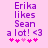 Purple text on pink background reads 'Erika likes Sean a lot! <3' with five pink hearts below, two versions differ in heart color sequence.