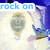 Pixelated image with blue text 'rock on' above two stylized figures against a light background.