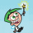 Pixelated cartoon character with green hair, large eyes, and a wide grin holding a glowing wand against light blue background.