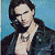 Pixelated image of a person with dark hair wearing a dark jacket over a light shirt, hand near neck against blue background.