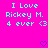 Pixelated cyan text on bright pink background reads "I Love Rickey M. 4 ever <3" with two purple heart symbols below.