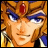 Pixelated anime-style character face with golden hair, blue eye makeup, and red forehead gem on black background with silver text.