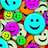 Pixelated smiley faces in cyan, purple, green, yellow, orange, and white arranged in a dense repeating pattern with no visible animation.