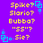 Yellow pixelated text on purple background lists names and phrases with cyan square animations, repeated in four identical