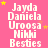 Pink background with repeated white text listing names and 'Besties' in a , yellow stars scattered throughout