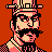 Pixel art portrait of a man with dark hair and mustache wearing a hat, checkered shirt, and necklace against an orange background.