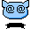 A 4-frame pixel art animation of a blue cartoon cat head with @ symbols for eyes, displayed in a 2x2 contact sheet on gray background.