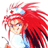 Pixelated anime character with long red hair and blue eyes, wearing a light blue top, holding a small object against a white background.
