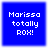 Blue square icon with white pixelated text reading "Marissa totally ROX!" in three lines, displayed in a
